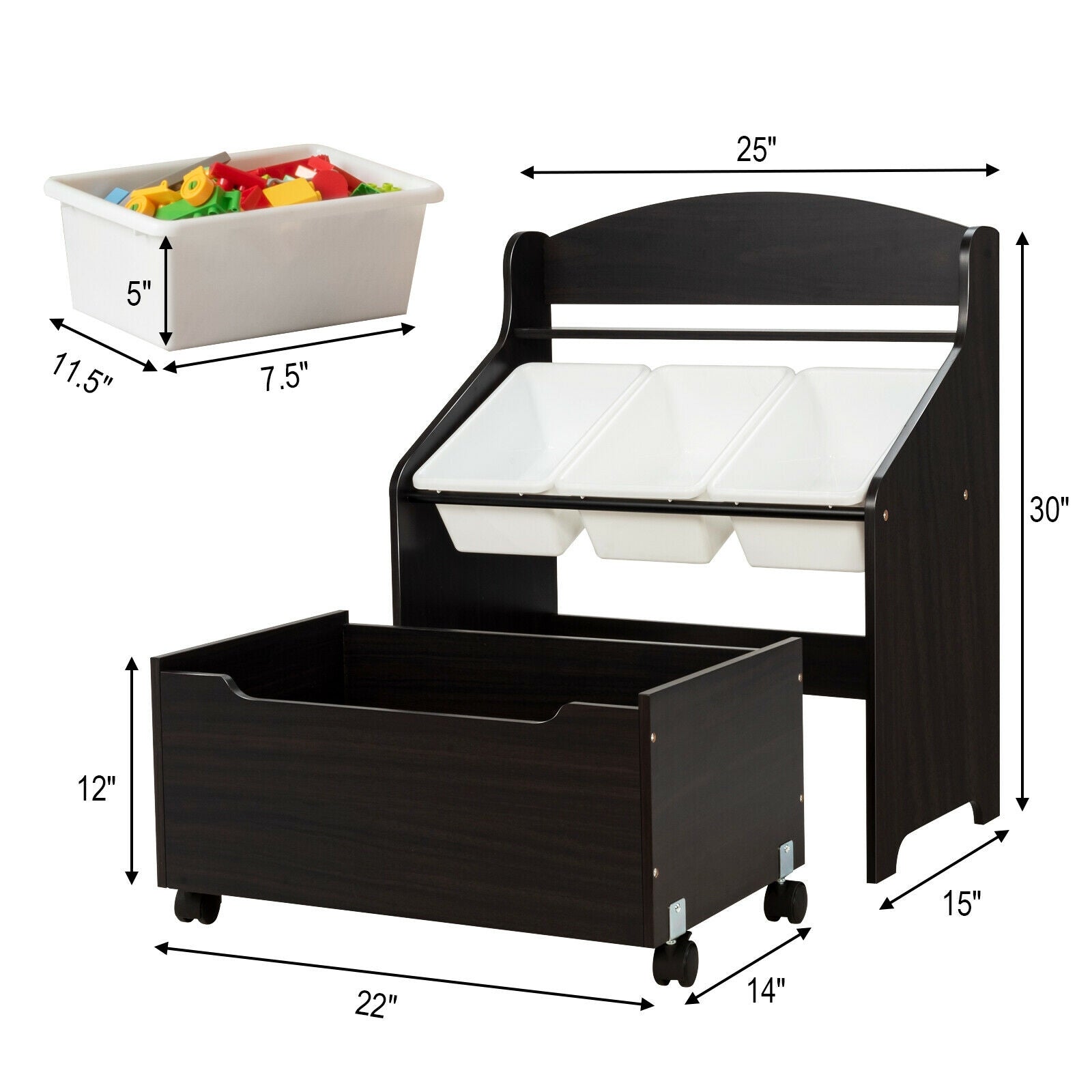 Kids Wooden Toy Storage Unit Organizer Rolling With Plastic Bins-Espresso