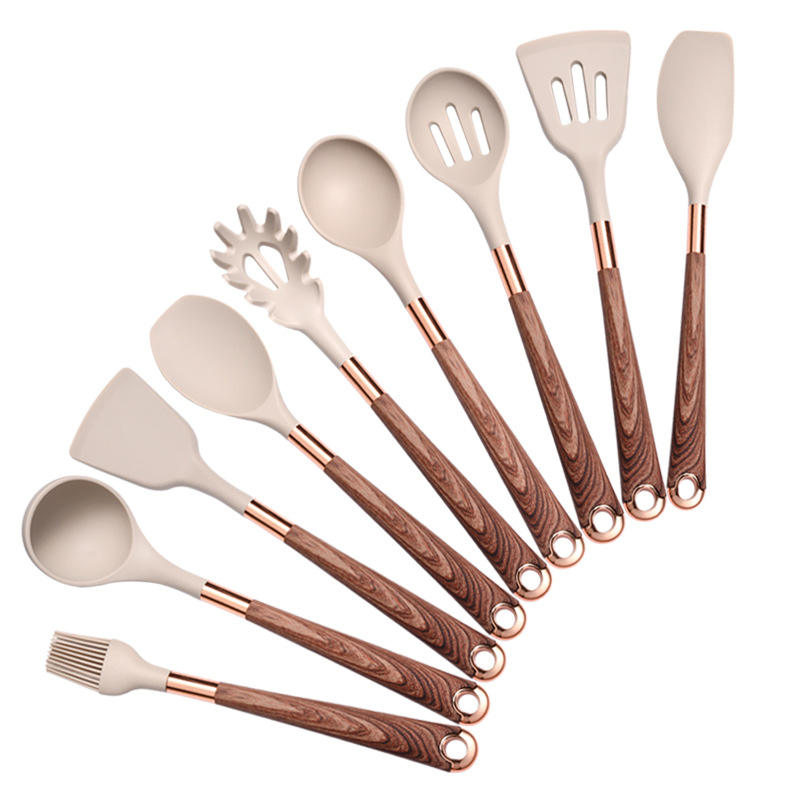 10 Wooden Handle Cooking Kitchen Silicone Utensils