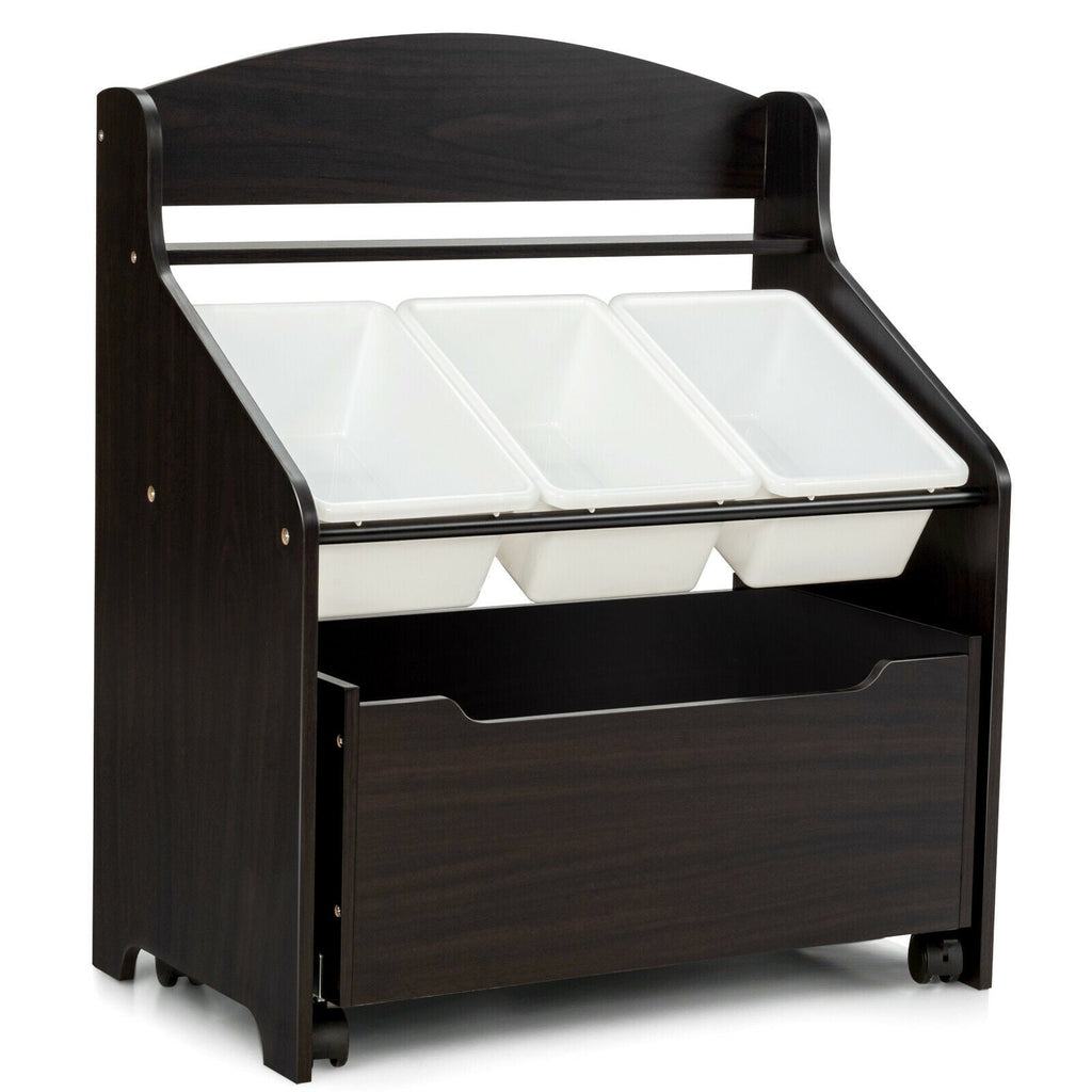 Kids Wooden Toy Storage Unit Organizer Rolling With Plastic Bins-Espresso