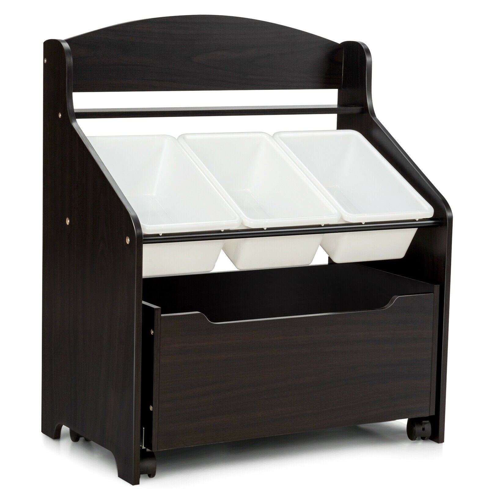 Kids Wooden Toy Storage Unit Organizer Rolling With Plastic Bins-Espresso
