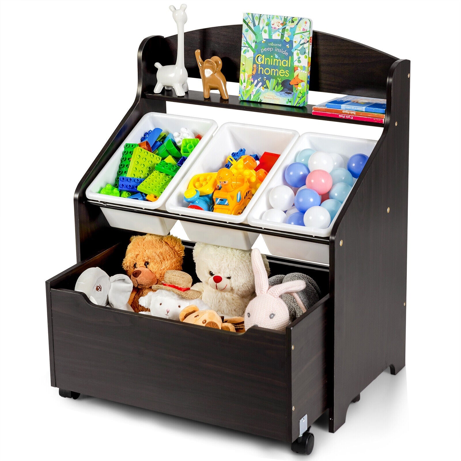 Kids Wooden Toy Storage Unit Organizer Rolling With Plastic Bins-Espresso
