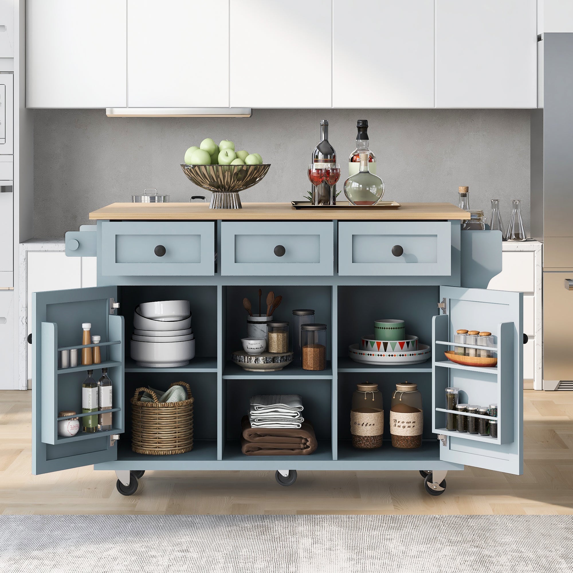 Kitchen Cart with Rubber Wood Drop-Leaf Countertop