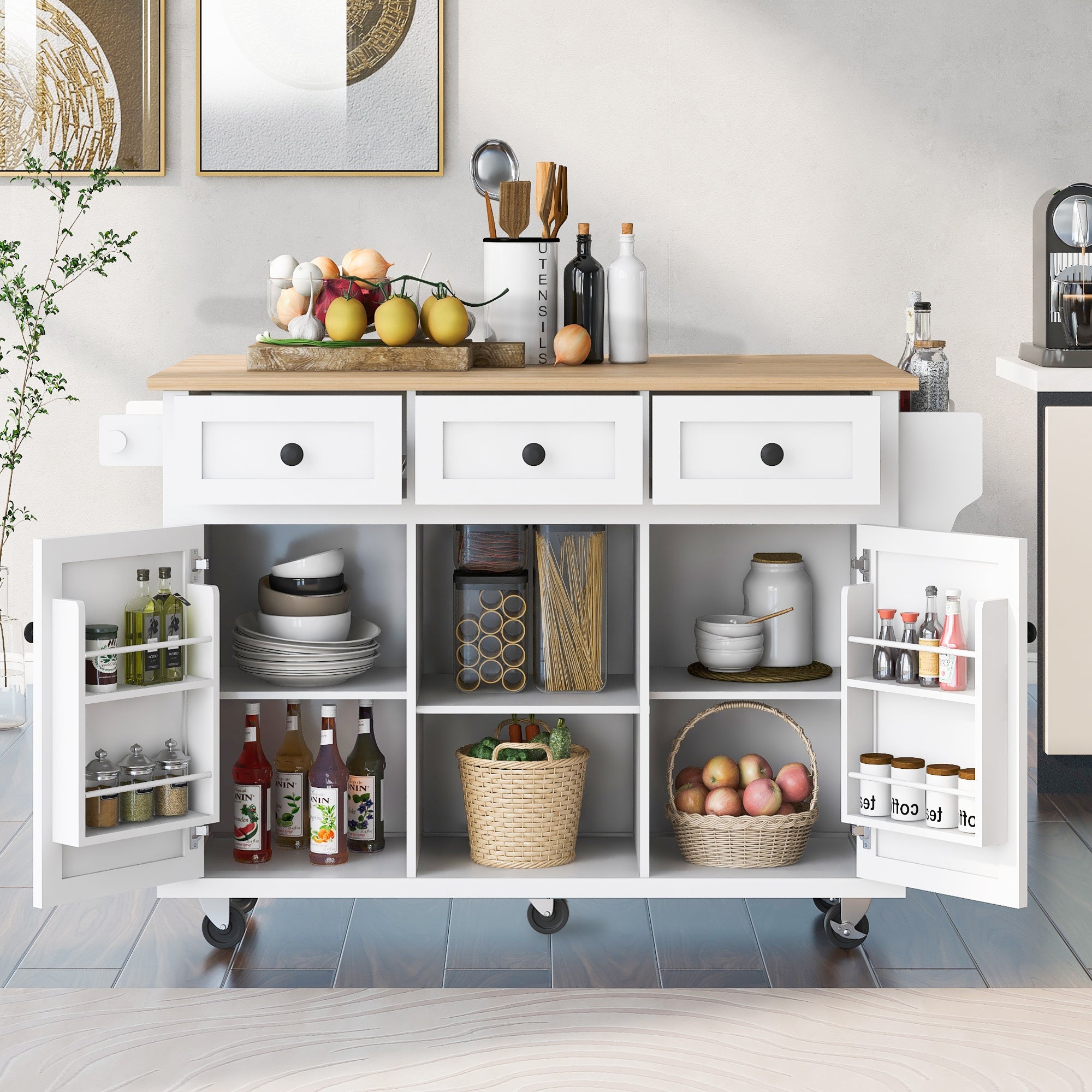 Kitchen Cart with Rubber Wood Drop-Leaf Countertop