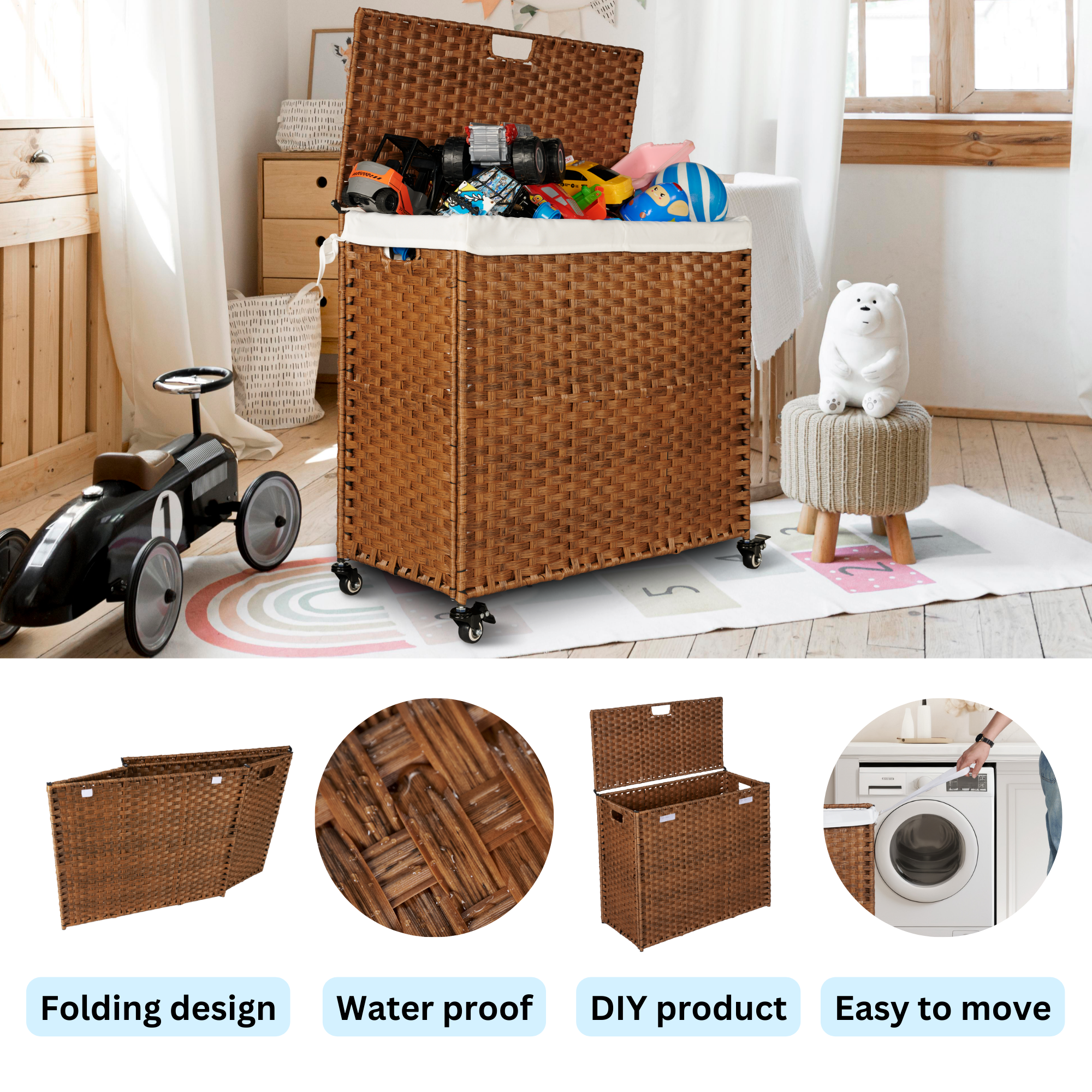Laundry Hamper With Lid and 02 Removable Bags with Wheels