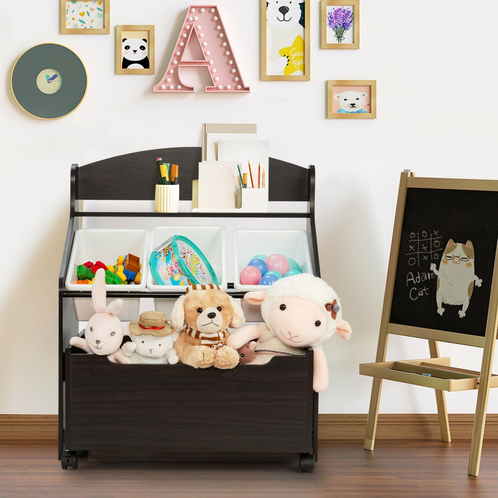 Kids Wooden Toy Storage Unit Organizer Rolling With Plastic Bins-Espresso