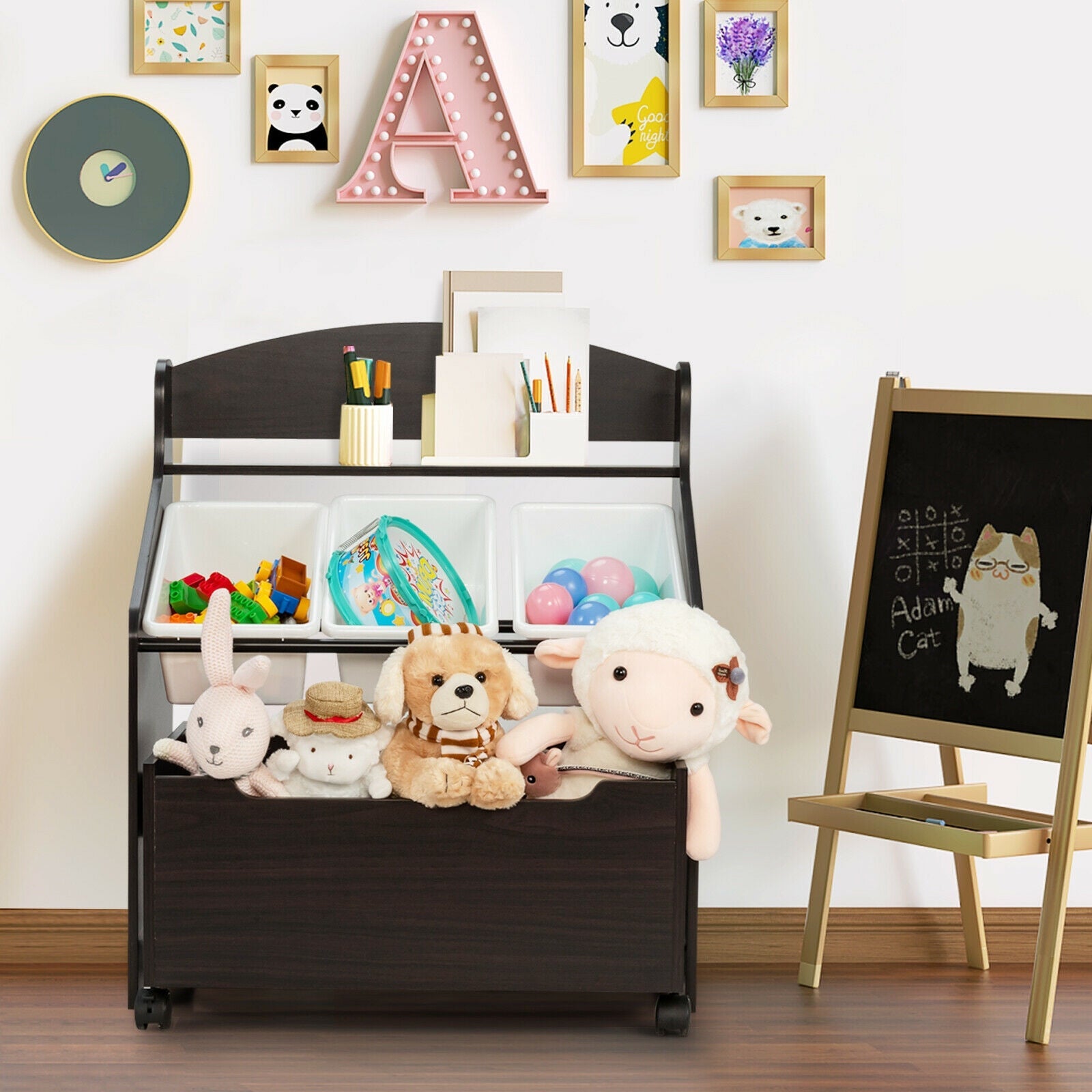 Kids Wooden Toy Storage Unit Organizer Rolling With Plastic Bins-Espresso