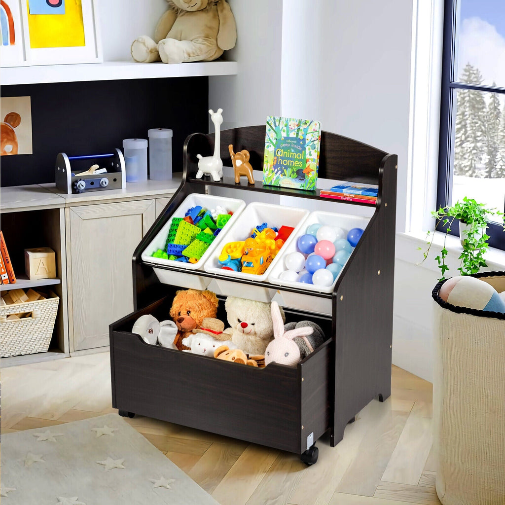 Kids Wooden Toy Storage Unit Organizer Rolling With Plastic Bins-Espresso