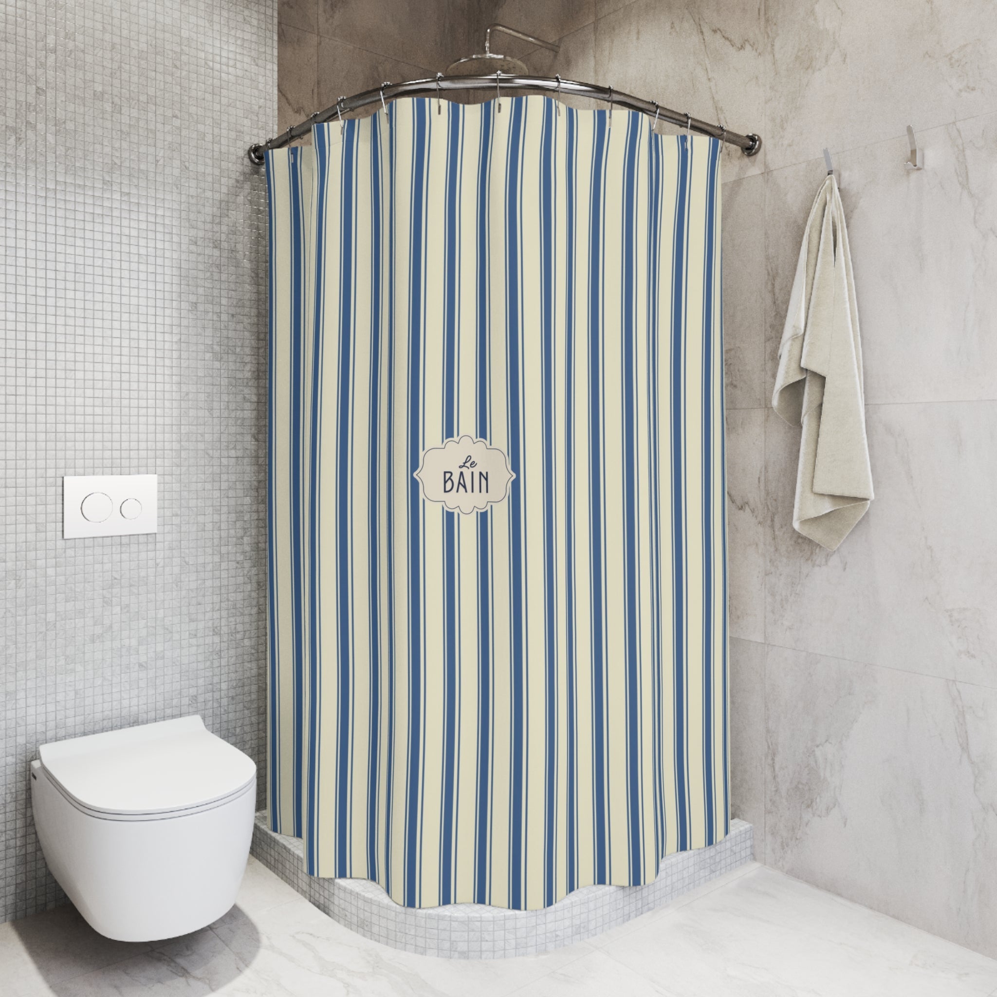 Le Bain Striped French Blue Shower Curtain | Nautical French Bathroom
