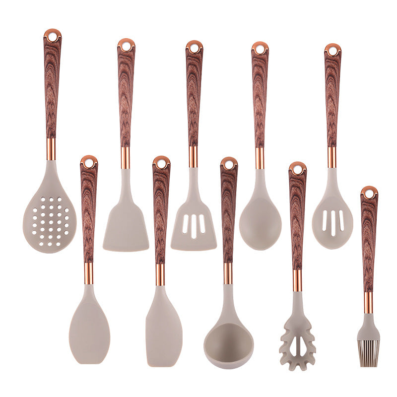 10 Wooden Handle Cooking Kitchen Silicone Utensils