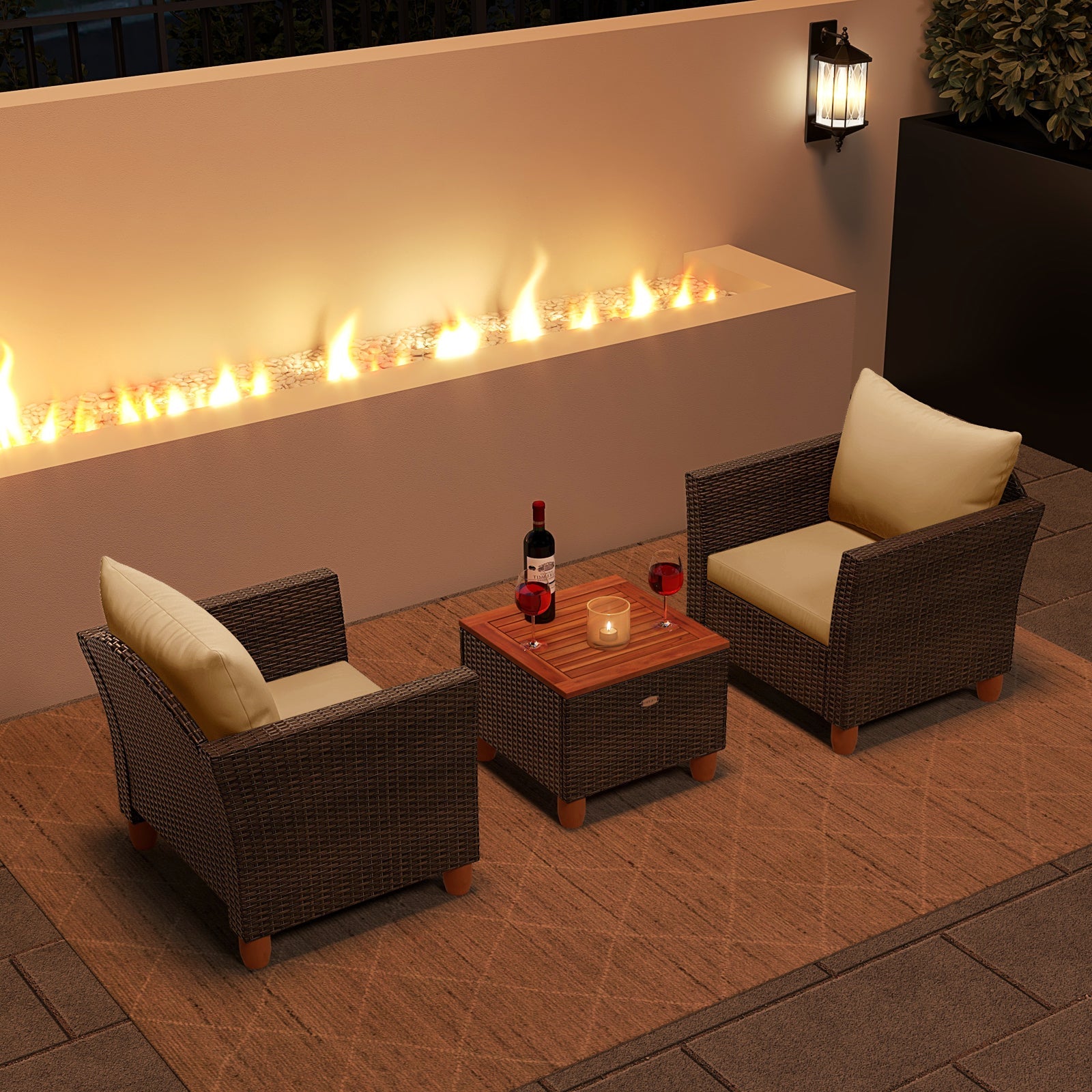 3 Pieces Patio wicker and wood set