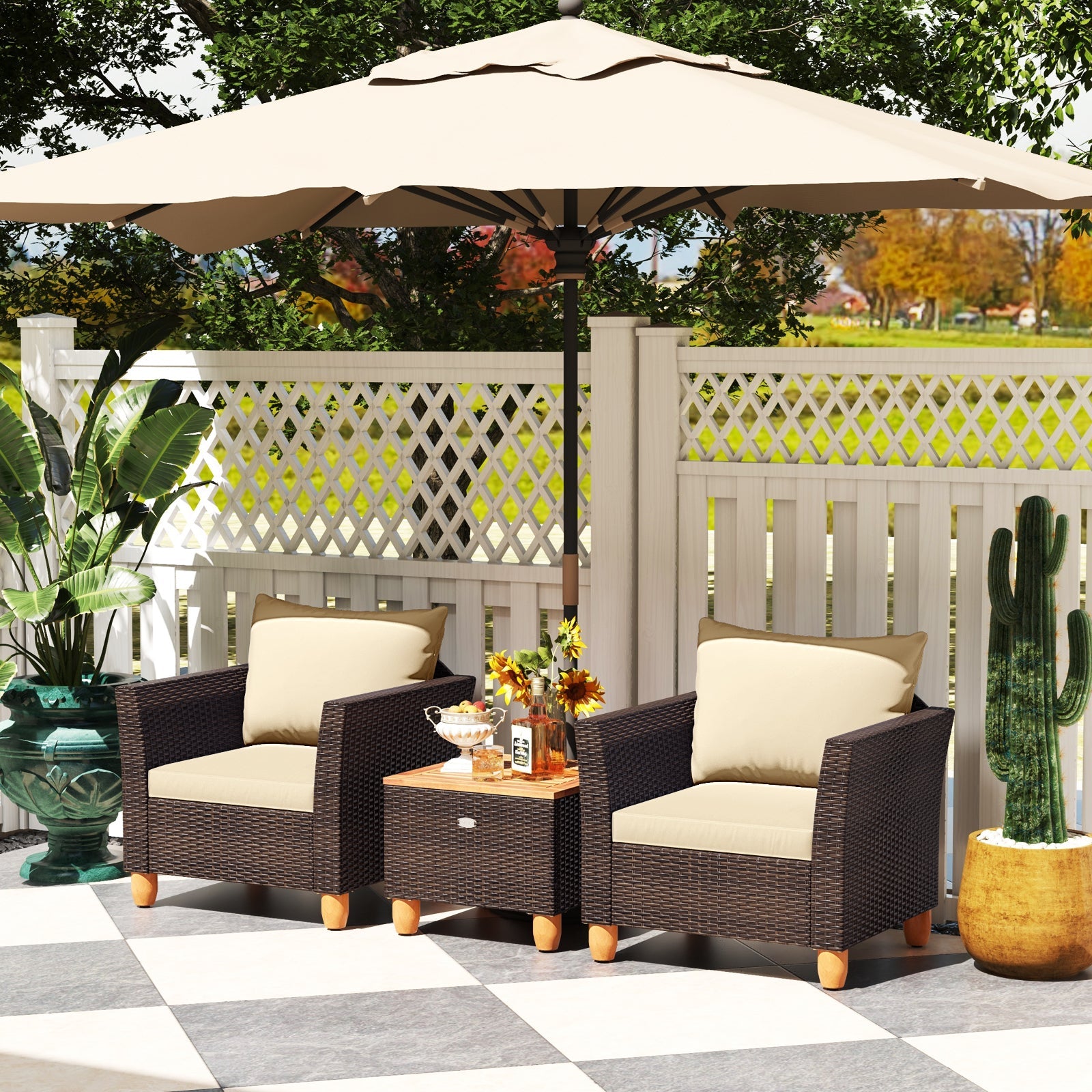 3 Pieces Patio wicker and wood set