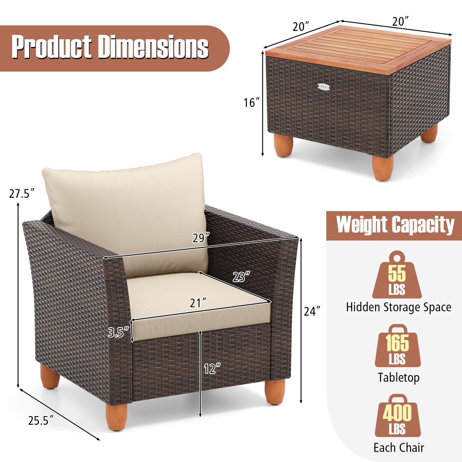 3 Pieces Patio wicker and wood set