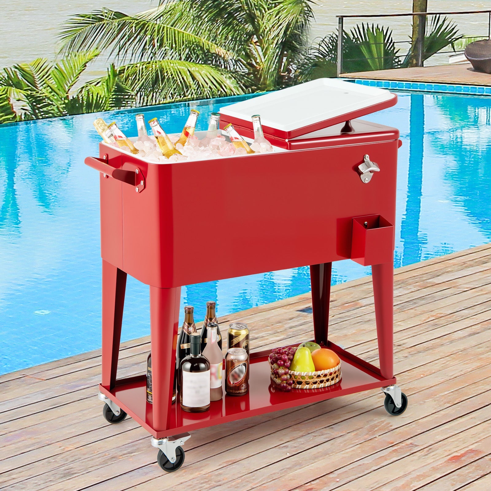 Portable Patio Cooler with Bottom Storage Shelf and Bottle Opener