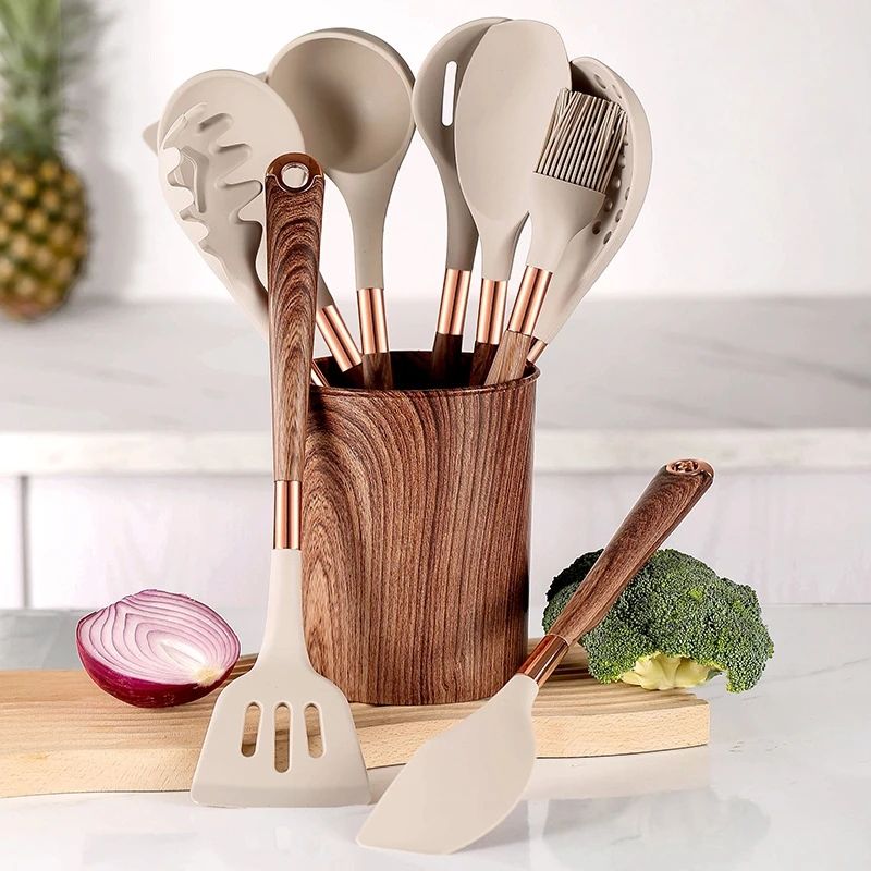 10 Wooden Handle Cooking Kitchen Silicone Utensils