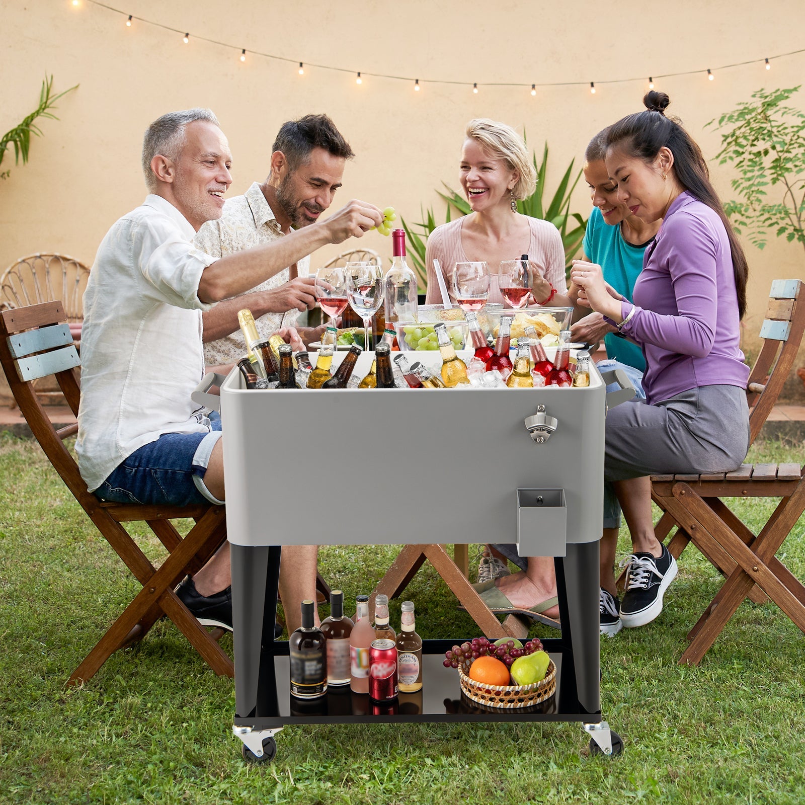 Portable Patio Cooler with Bottom Storage Shelf and Bottle Opener