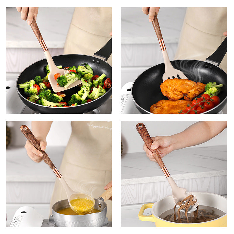 10 Wooden Handle Cooking Kitchen Silicone Utensils