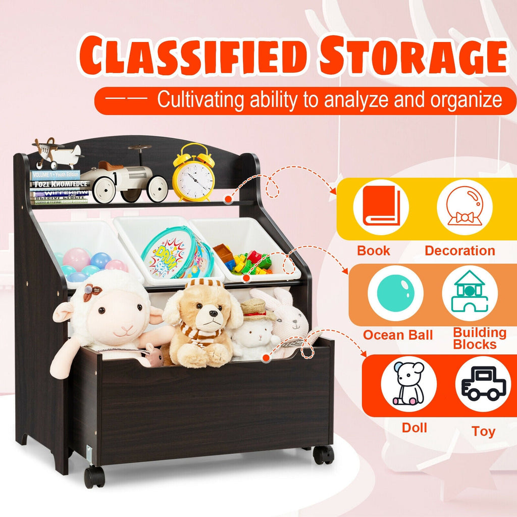 Kids Wooden Toy Storage Unit Organizer Rolling With Plastic Bins-Espresso