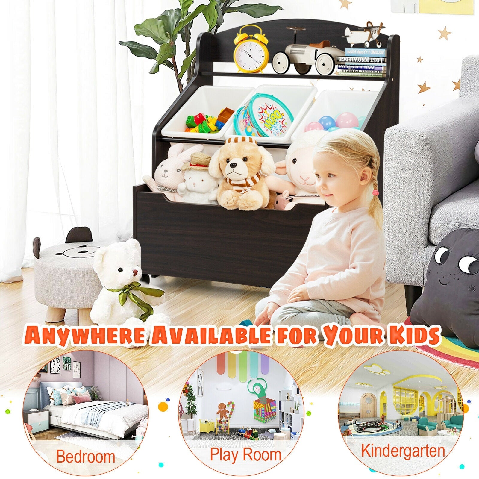 Kids Wooden Toy Storage Unit Organizer Rolling With Plastic Bins-Espresso