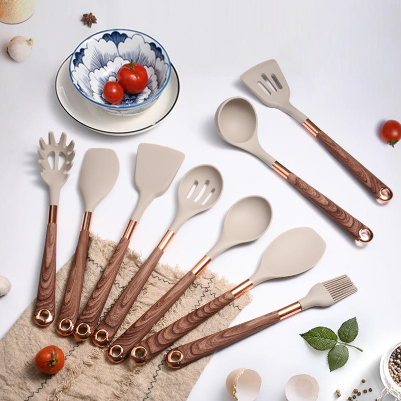 10 Wooden Handle Cooking Kitchen Silicone Utensils