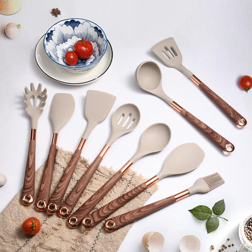 10 Wooden Handle Cooking Kitchen Silicone Utensils