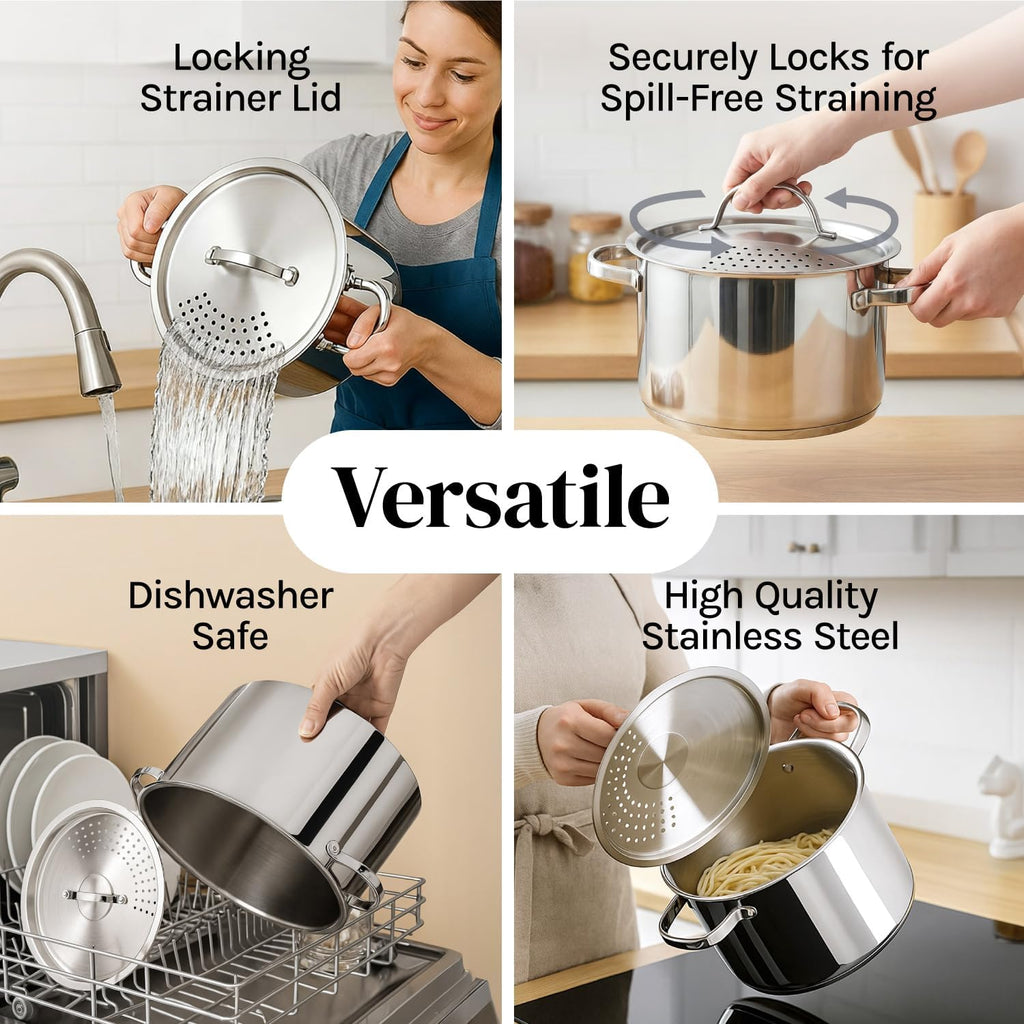 Stainless Steel Pasta Pot with Strainer Lid (5.5 Qt)