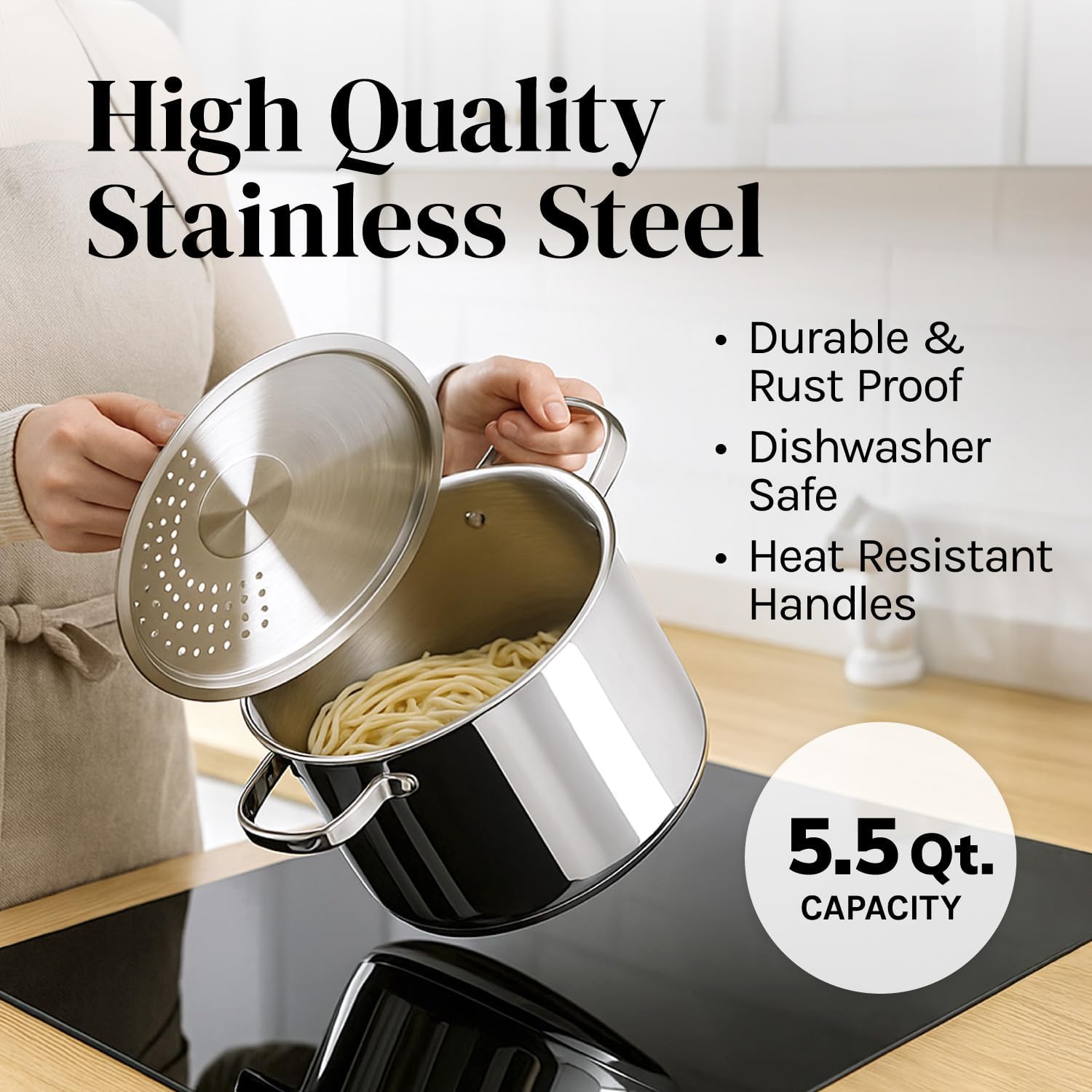 Stainless Steel Pasta Pot with Strainer Lid (5.5 Qt)