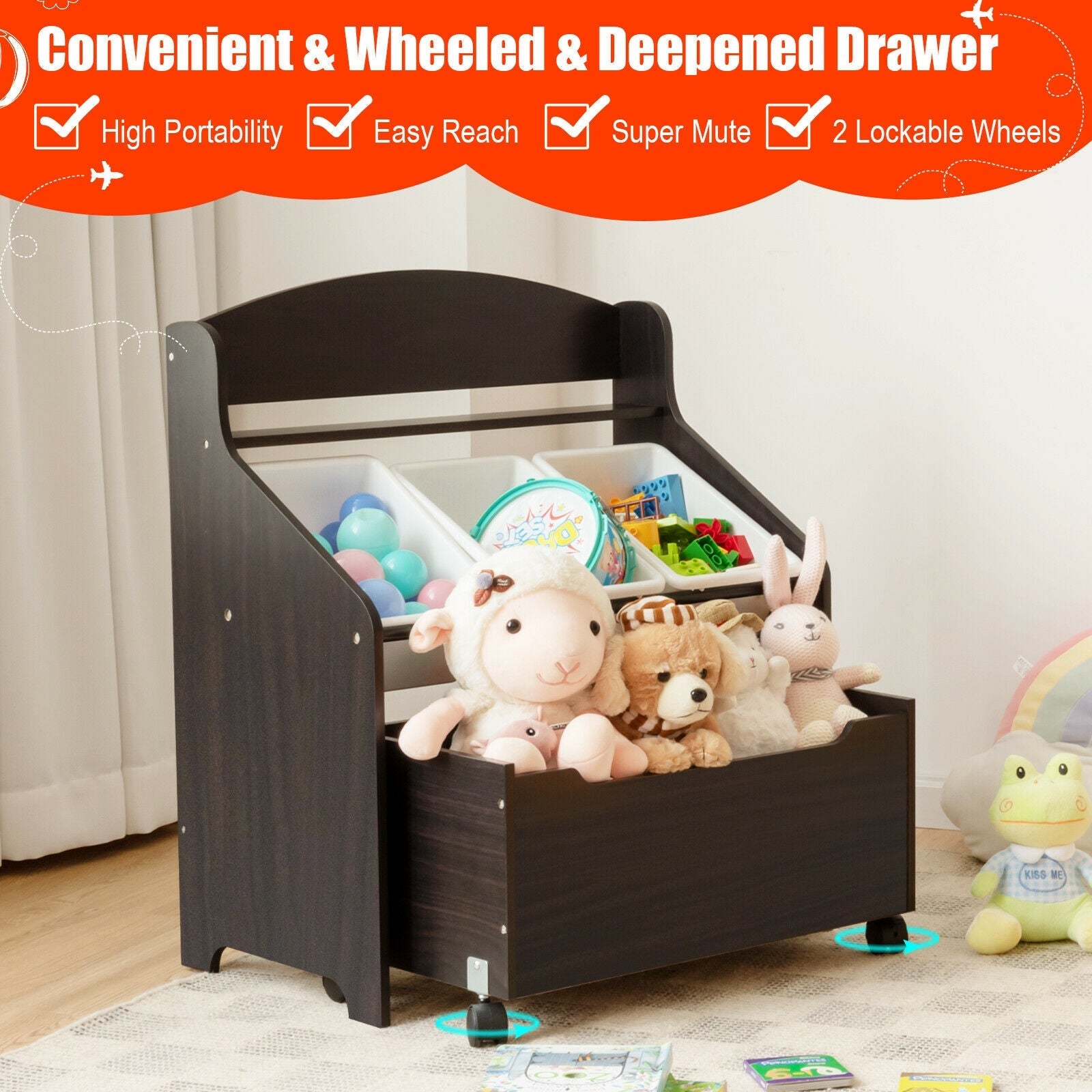 Kids Wooden Toy Storage Unit Organizer Rolling With Plastic Bins-Espresso