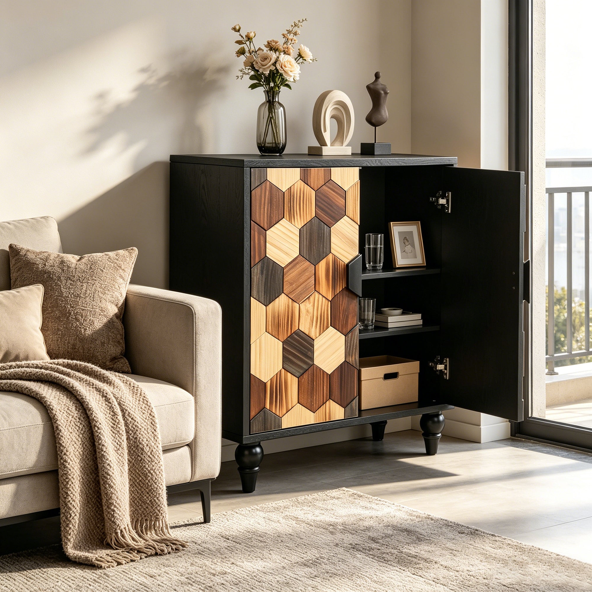 30.31" Sideboard With Honeycomb Pattern, Modern Accent Cabinet
