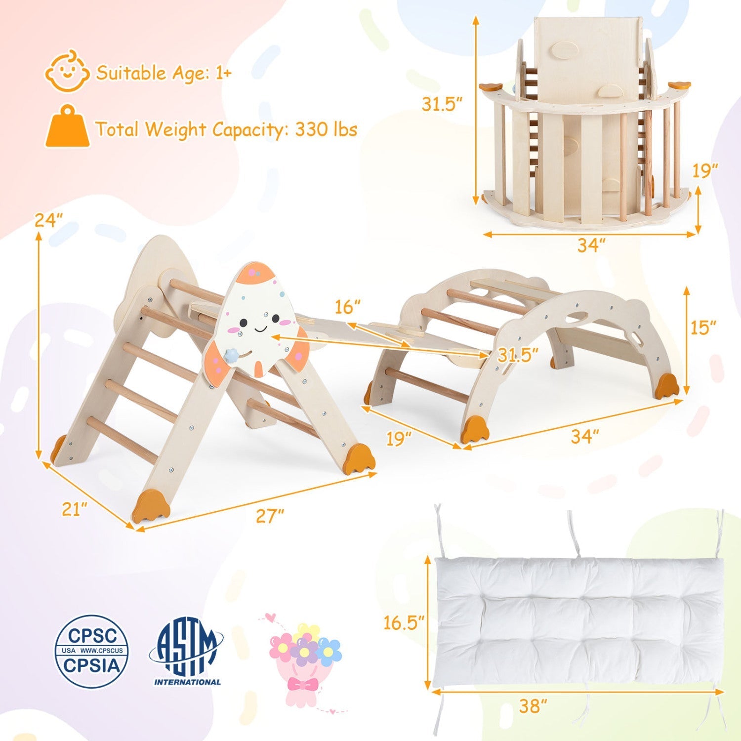 8-in-1 Foldable Climbing Set for Toddlers with Rocket Theme