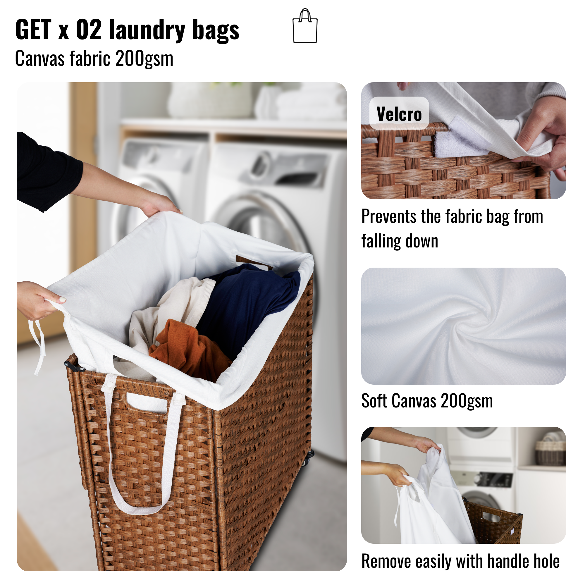 Laundry Hamper With Lid and 02 Removable Bags with Wheels