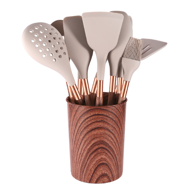 10 Wooden Handle Cooking Kitchen Silicone Utensils