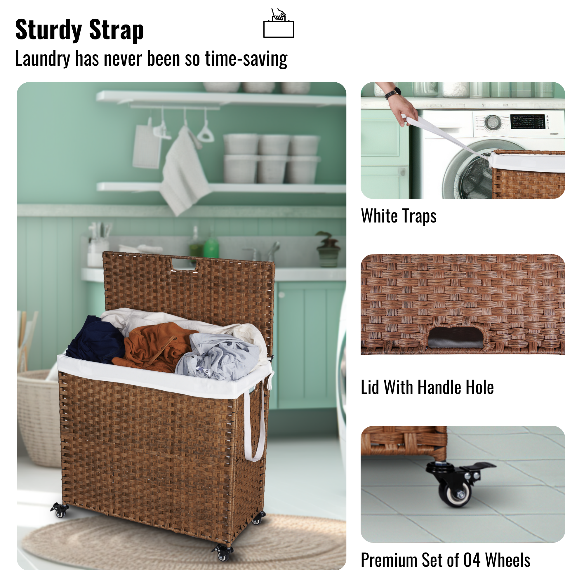 Laundry Hamper With Lid and 02 Removable Bags with Wheels