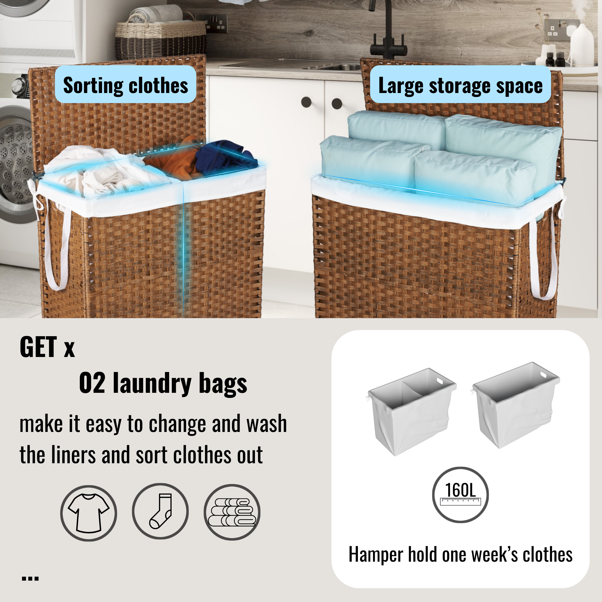 Laundry Hamper With Lid and 02 Removable Bags with Wheels