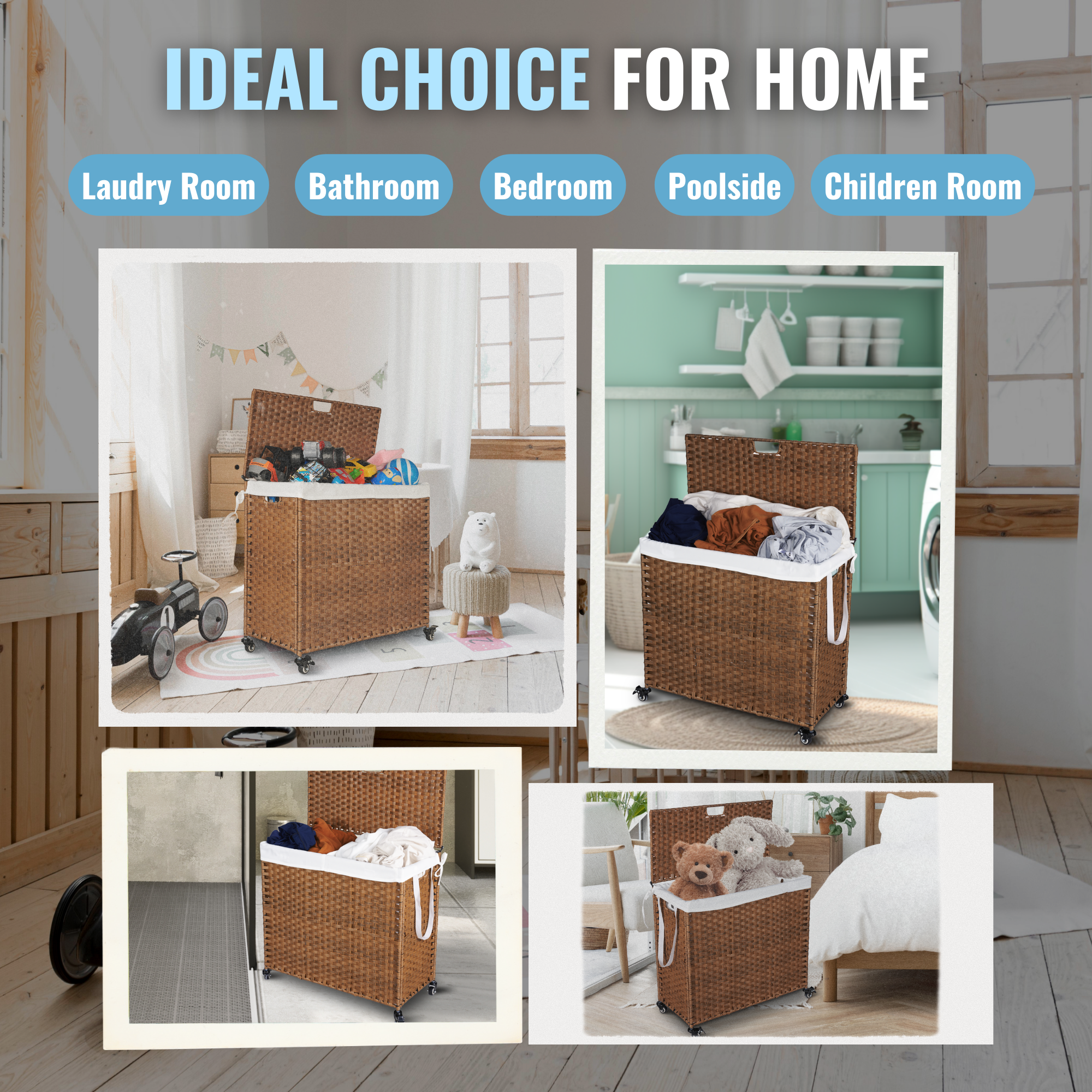 Laundry Hamper With Lid and 02 Removable Bags with Wheels