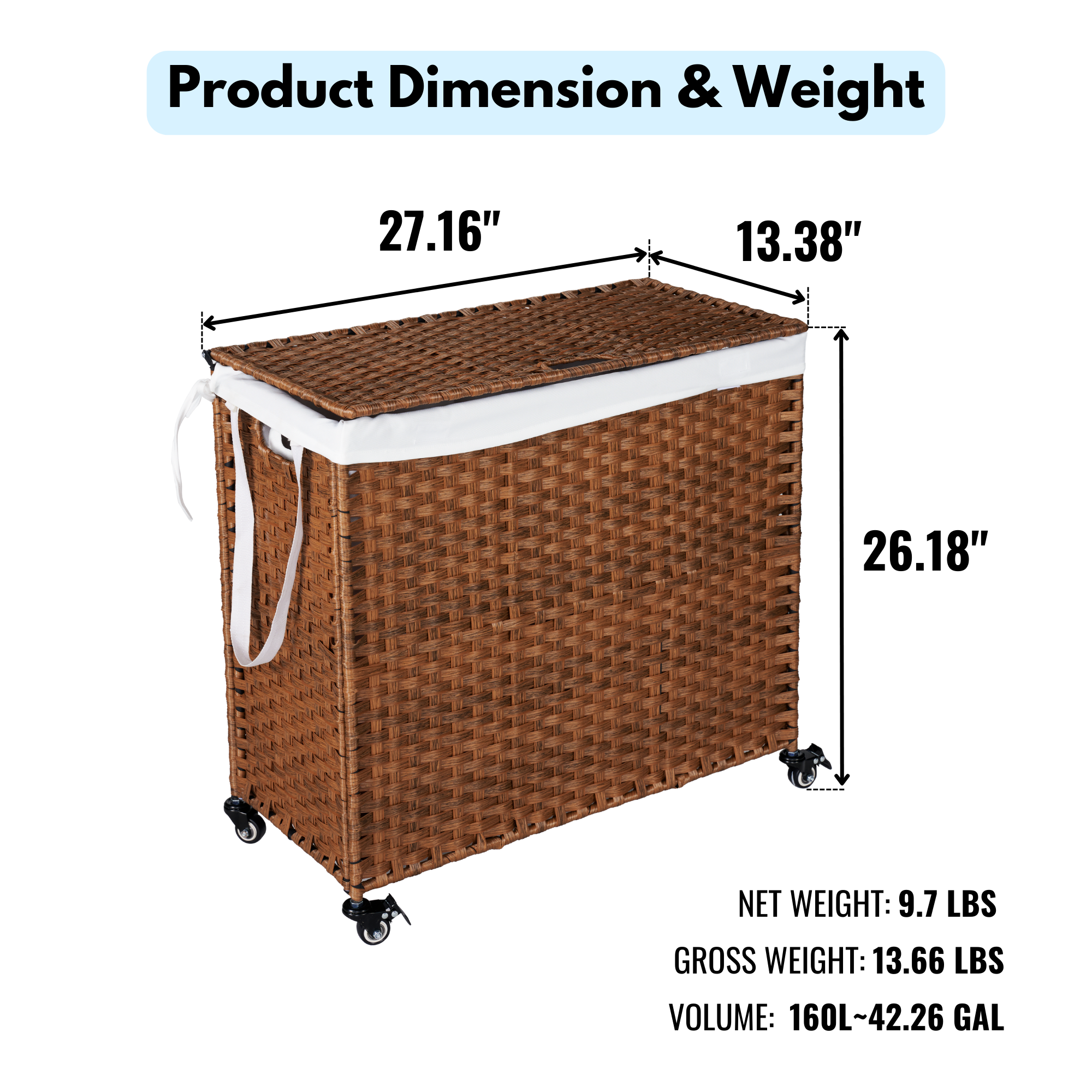 Laundry Hamper With Lid and 02 Removable Bags with Wheels