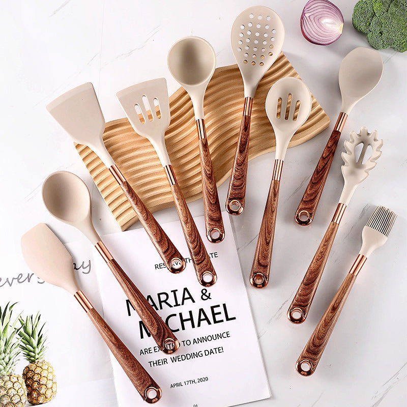 10 Wooden Handle Cooking Kitchen Silicone Utensils
