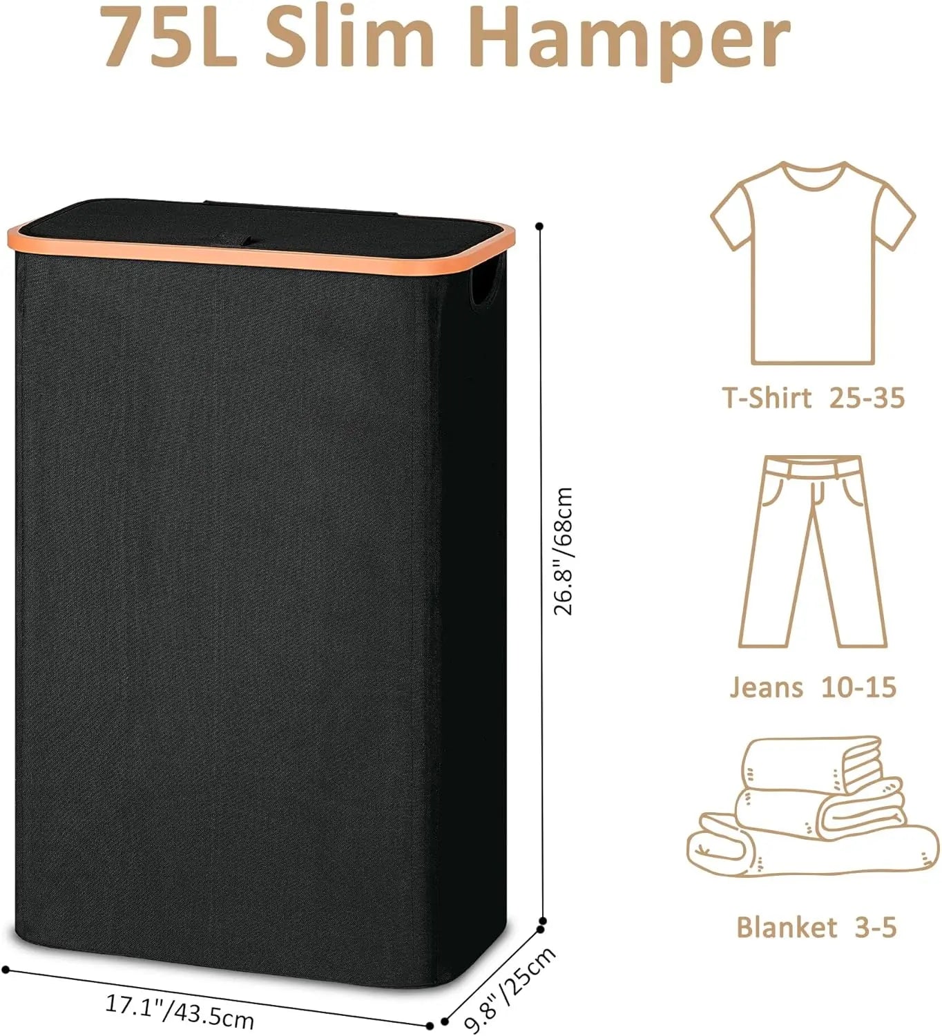 Slim Laundry Basket with Lid, Narrow Hamper for Tight Spaces, 19.8 Gallon Black