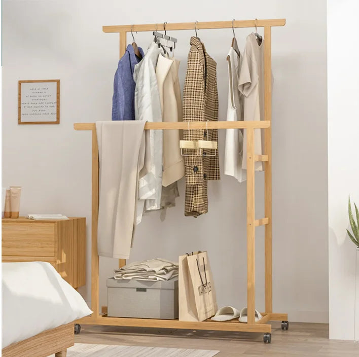 Bamboo Clothes Rail Rack Double Hanging Rails on Wheels with Storage
