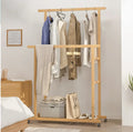 Bamboo Clothes Rail Rack Double Hanging Rails on Wheels with Storage