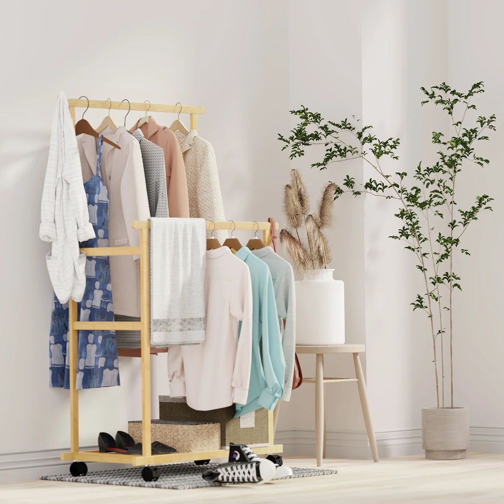 Bamboo Clothes Rail Rack Double Hanging Rails on Wheels with Storage