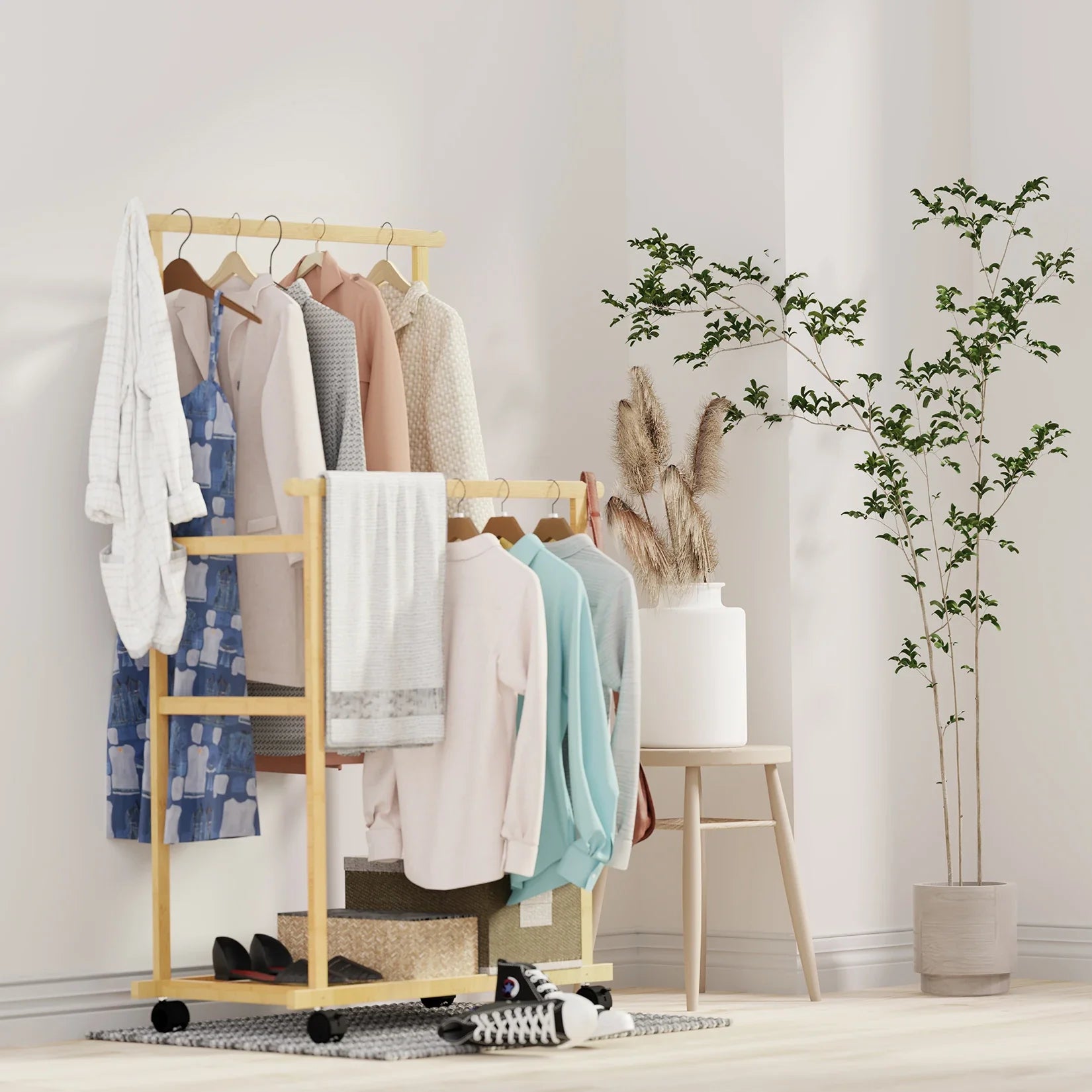 Bamboo Clothes Rail Rack Double Hanging Rails on Wheels with Storage
