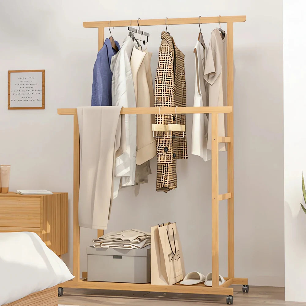 Bamboo Clothes Rail Rack Double Hanging Rails on Wheels with Storage