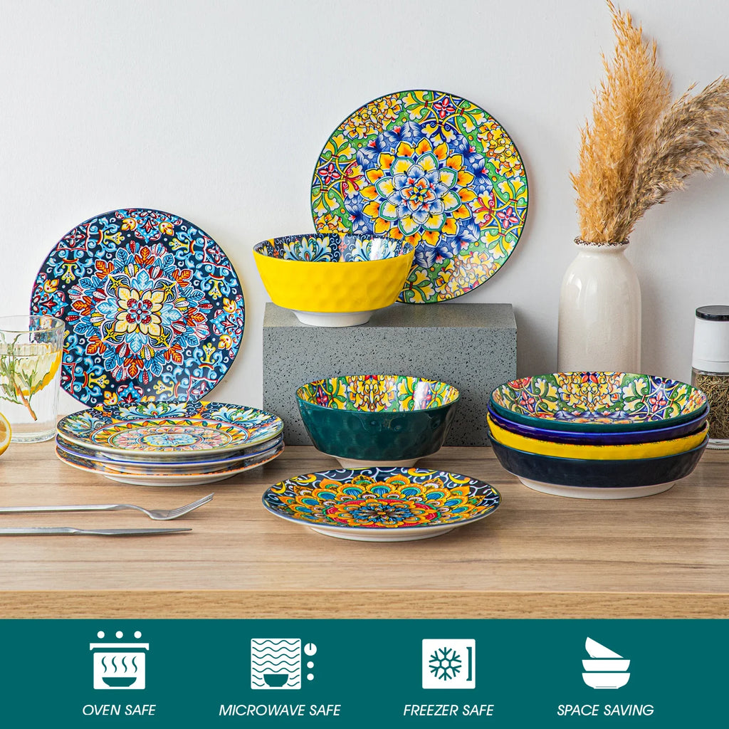 MALACASA Ceramic Dinnerware Set Bohemian Style For Six