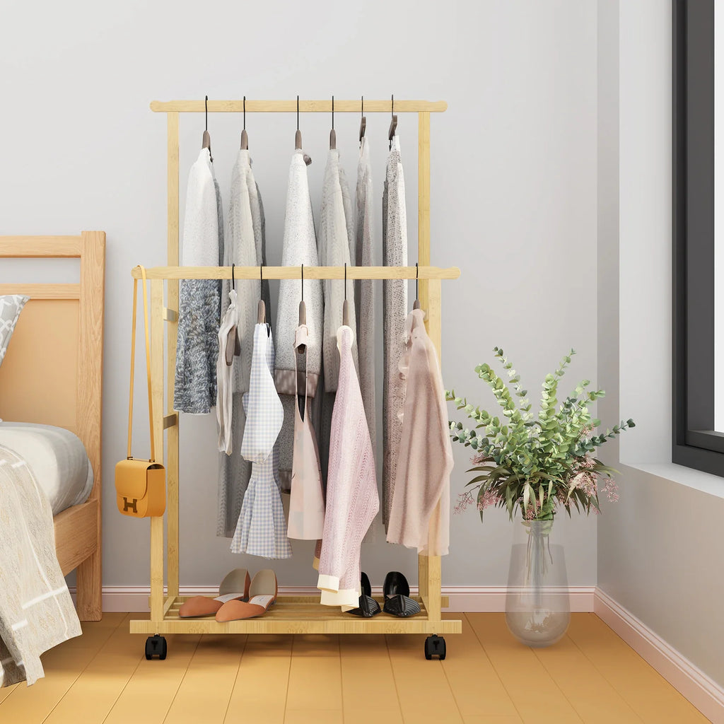 Bamboo Clothes Rail Rack Double Hanging Rails on Wheels with Storage