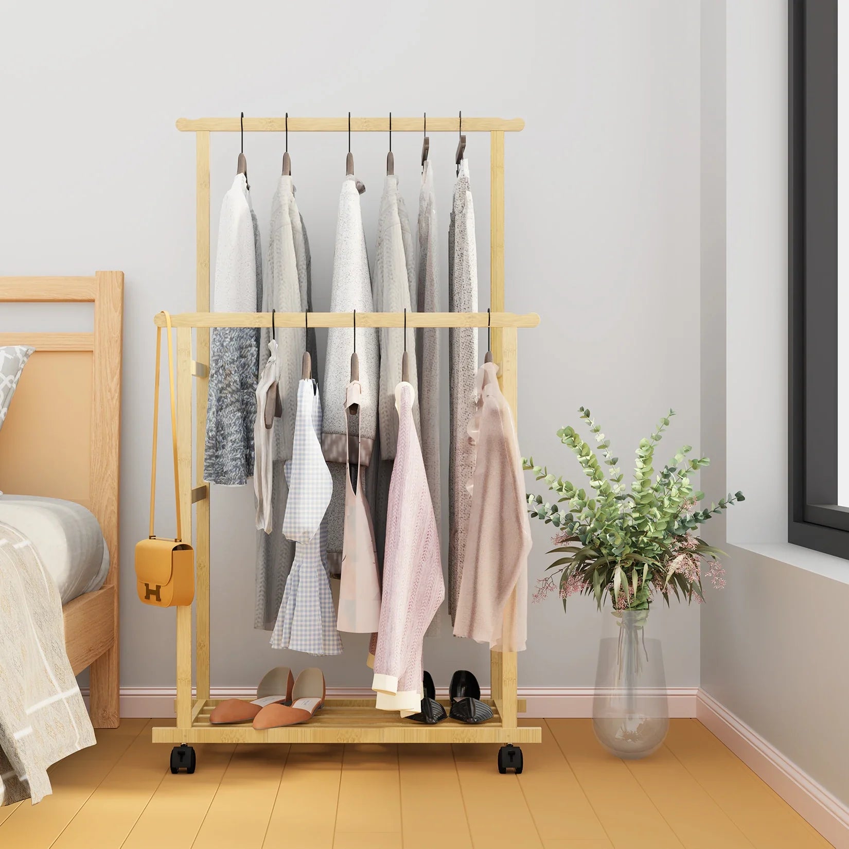 Bamboo Clothes Rail Rack Double Hanging Rails on Wheels with Storage