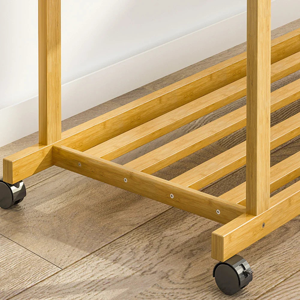 Bamboo Clothes Rail Rack Double Hanging Rails on Wheels with Storage