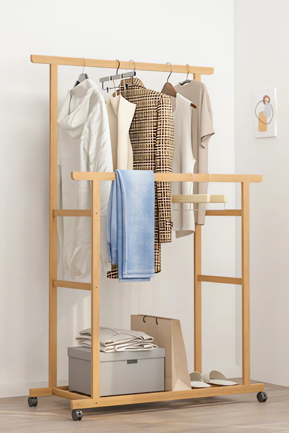 Bamboo Clothes Rail Rack Double Hanging Rails on Wheels with Storage