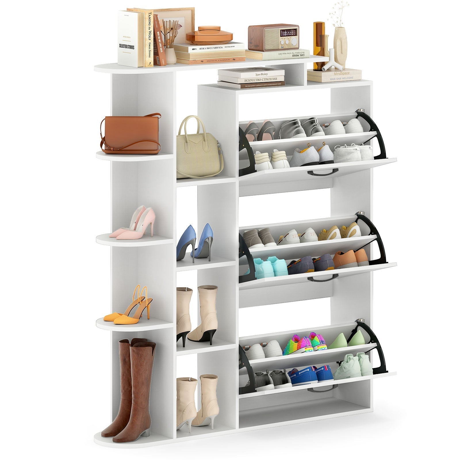Shoe Cabinet with Open Shelves Modern Shoe Organizer with 3 Flip Drawers