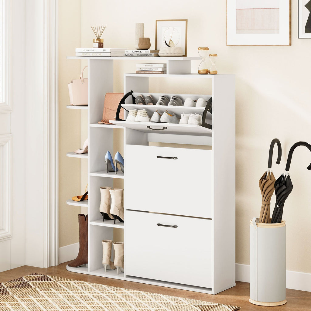 Shoe Cabinet with Open Shelves Modern Shoe Organizer with 3 Flip Drawers