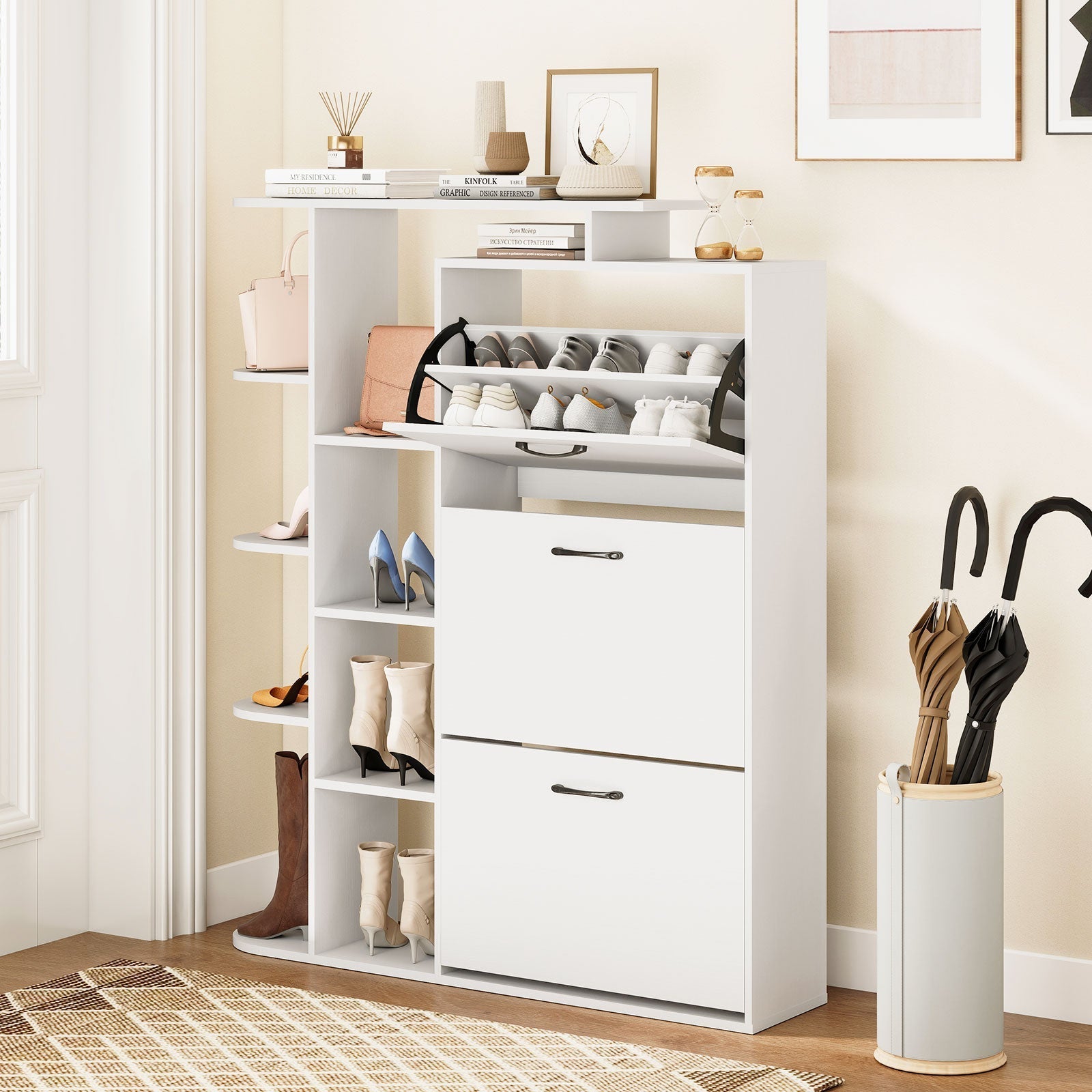 Shoe Cabinet with Open Shelves Modern Shoe Organizer with 3 Flip Drawers